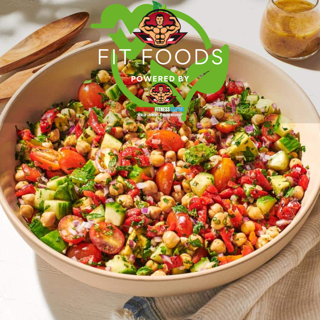 Mediterranean Quinoa Chicken & Crispy Chickpea Salad - The Health Bar Powered By American Fitness Center
