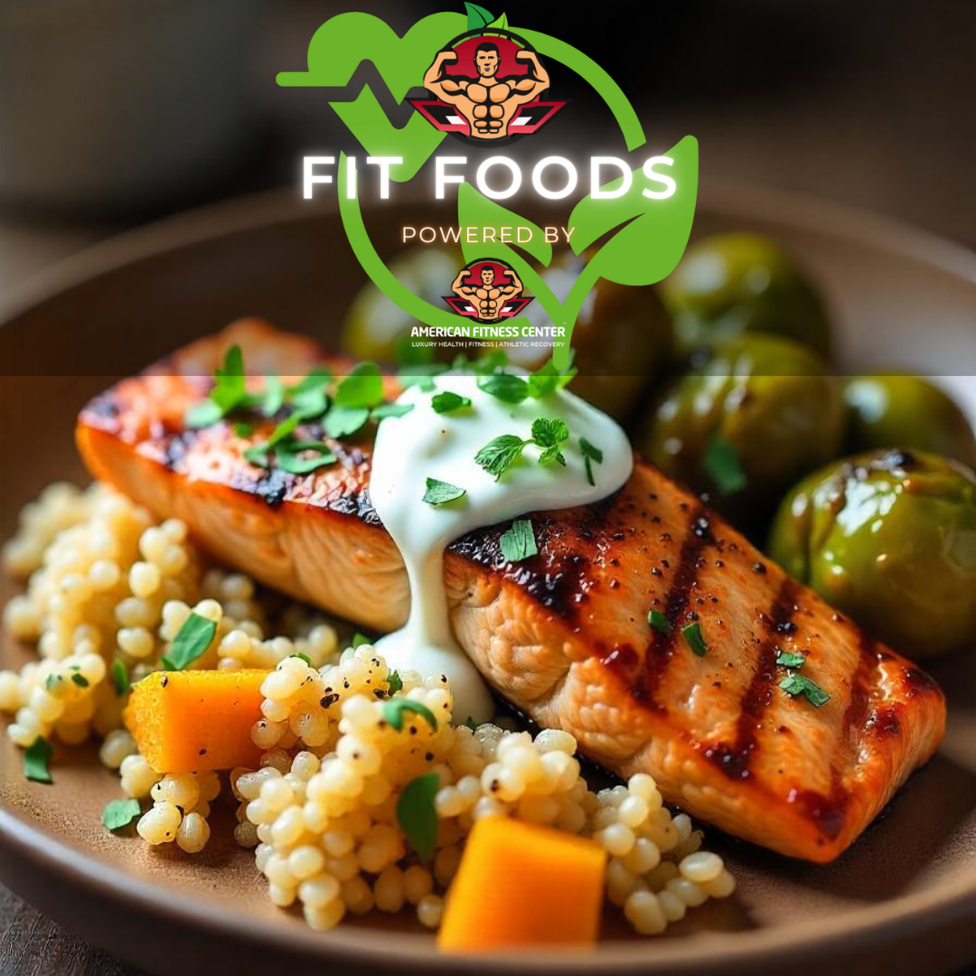 Lemon Herb Wild-Caught Salmon & Roasted Veggie Bowl W/Custom Garlic Yogurt Dressing - The Health Bar Powered By American Fitness Center