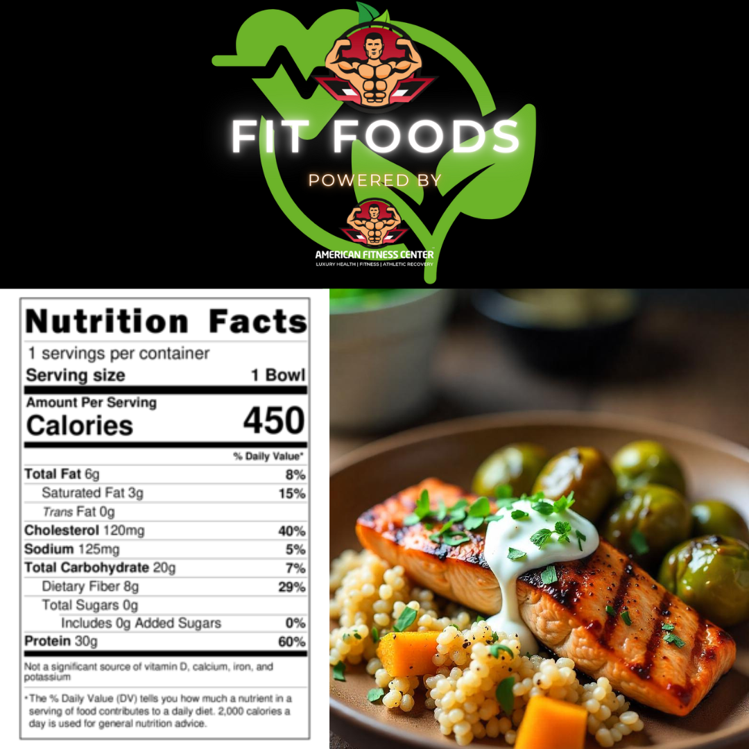 Lemon Herb Wild-Caught Salmon & Roasted Veggie Bowl W/Custom Garlic Yogurt Dressing - The Health Bar Powered By American Fitness Center